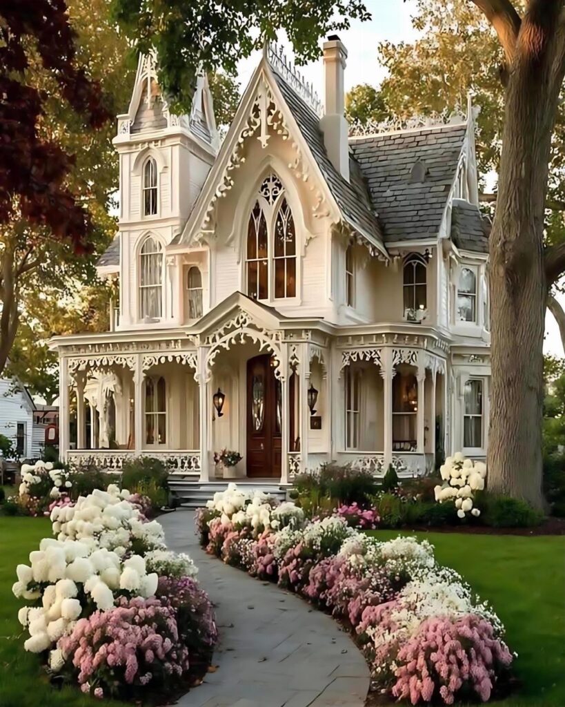 A white Victorian house with ornate trim, surrounded by lush gardens and flowering bushes.