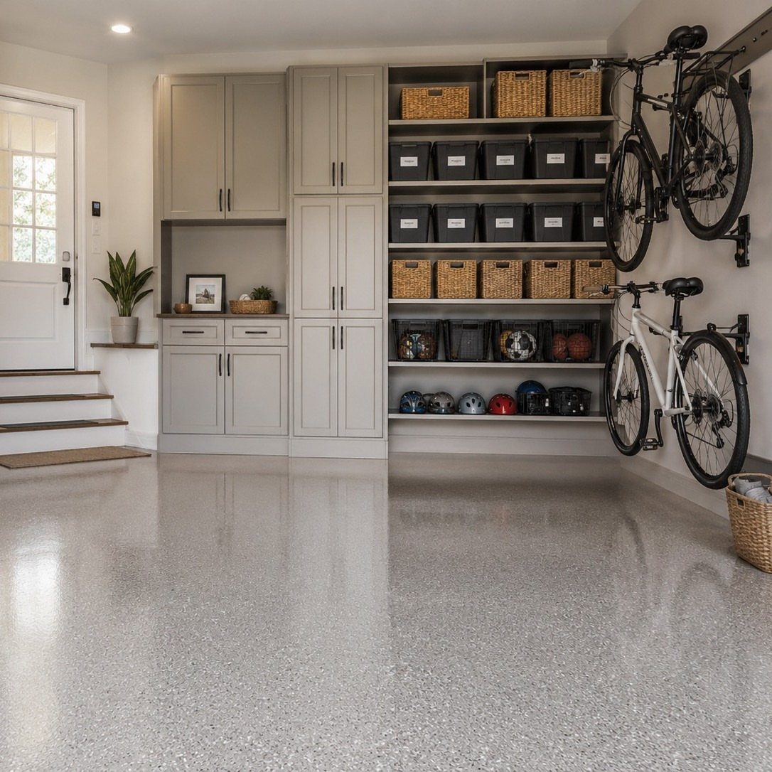Grey garage storage cabinets and open shelving units with bicycles mounted on the wall.