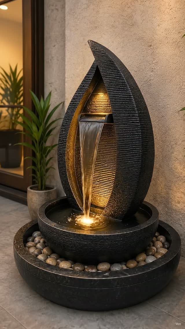A black leaf-shaped water fountain with glowing light flowing into a stone-lined basin.