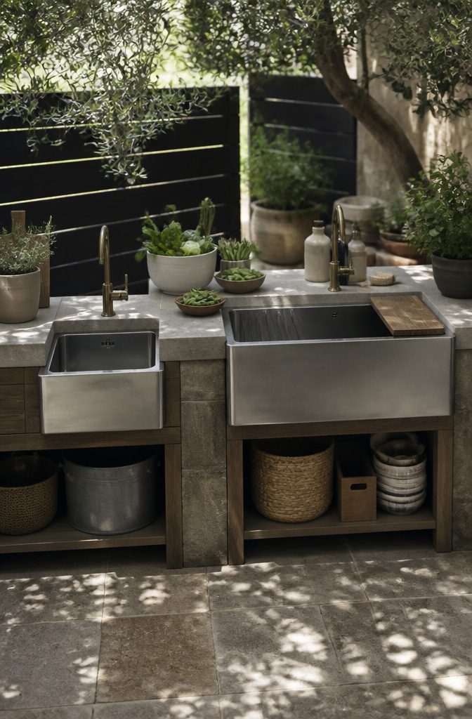 Organized outdoor kitchen setup with various zinc elements
