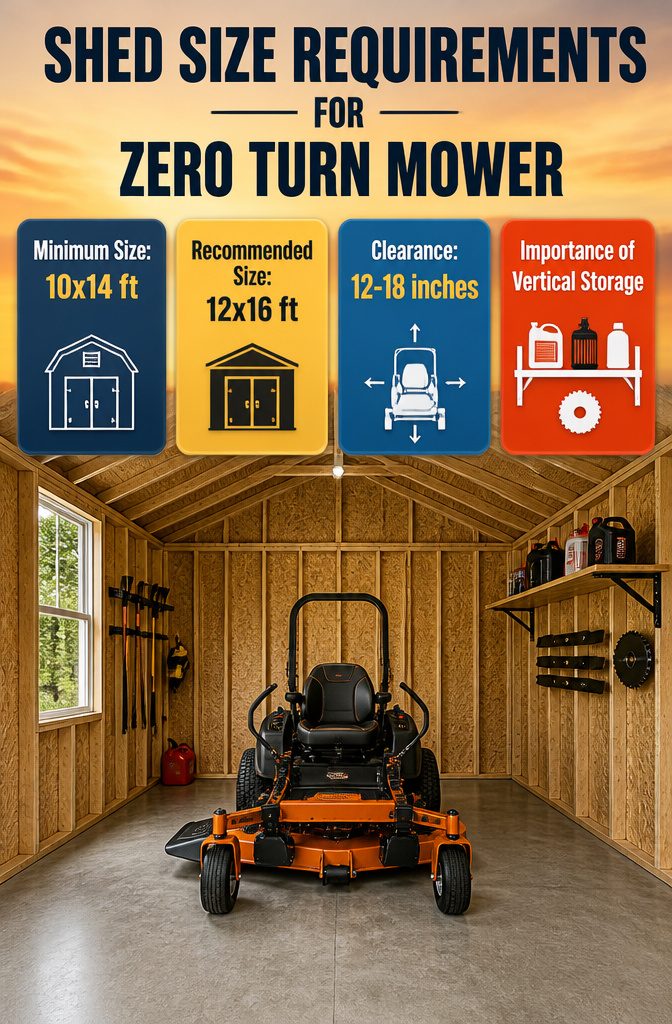 Shed for Zero Turn Mower: Sizes, Doors, Ramps and 8 Styles Compared 1 Shed size requirements for zero turn mower storage.
