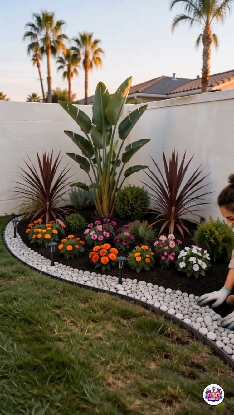 Colorful garden bed with tropical plants and white stone edging in a backyard setting.