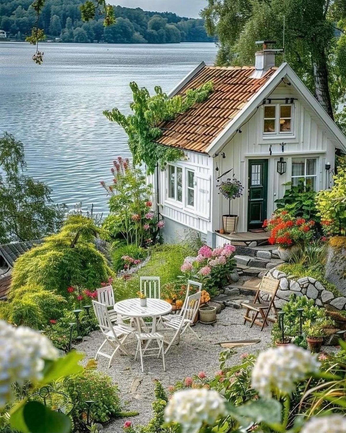 White cottage with a dark green door overlooking a large lake surrounded by lush green gardens.