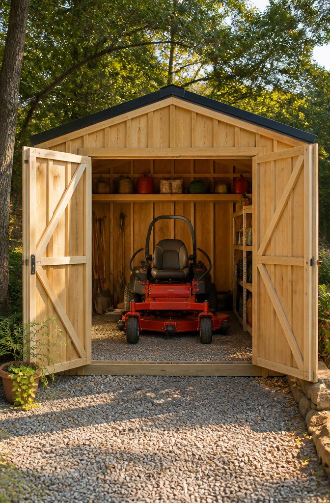 Shed for Zero Turn Mower: Sizes, Doors, Ramps and 8 Styles Compared 2 Shed with double doors open, showcasing a zero turn mower inside.