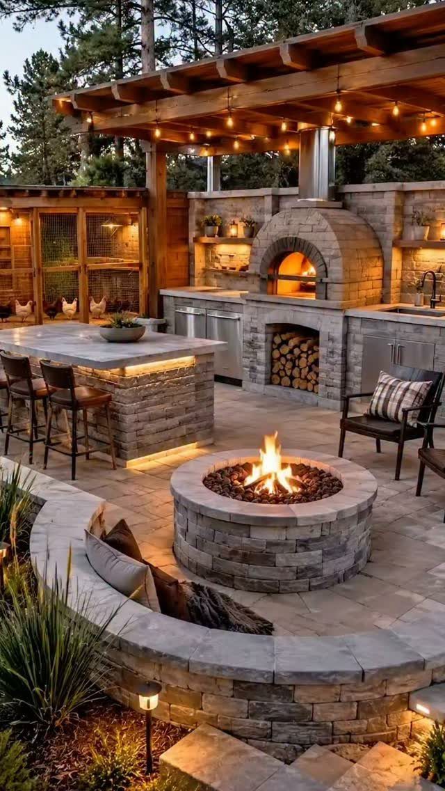 10 Wooden Garden Kitchen Ideas for Warm Outdoor Cooking 1 A stone outdoor kitchen featuring a built-in wood-fired pizza oven and a circular fire pit.
