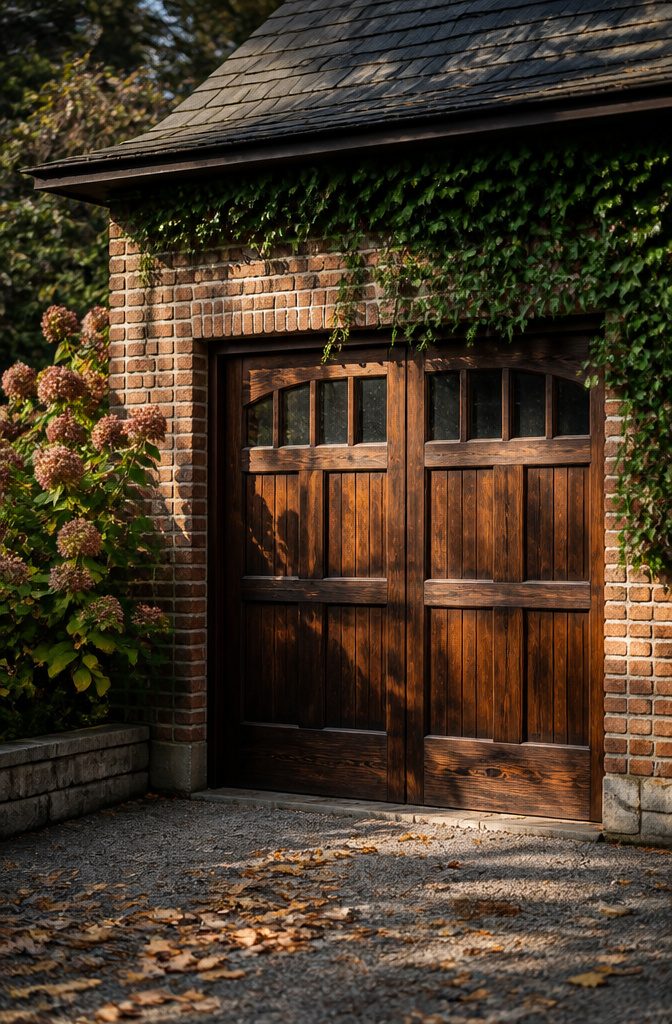 A robust wood garage door with deep grains and warm tones.