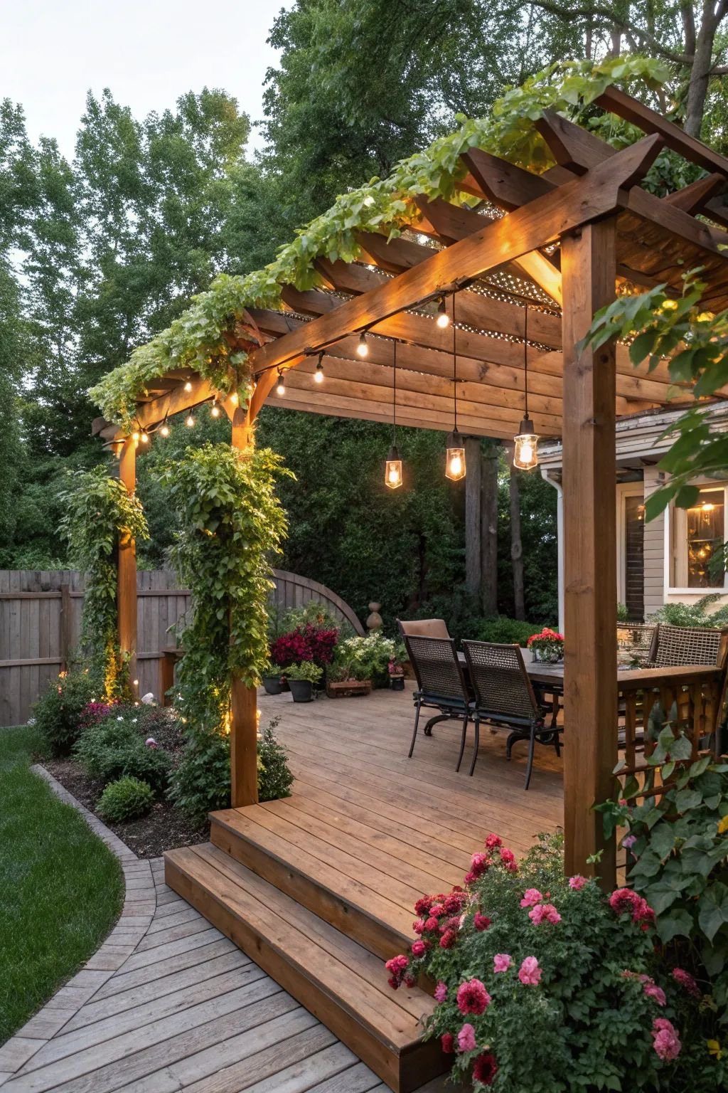 12 Deck with Gazebo Ideas for Outdoor Dining and Relaxation 9 A wooden pergola with climbing vines and hanging lights covers an outdoor wooden deck.