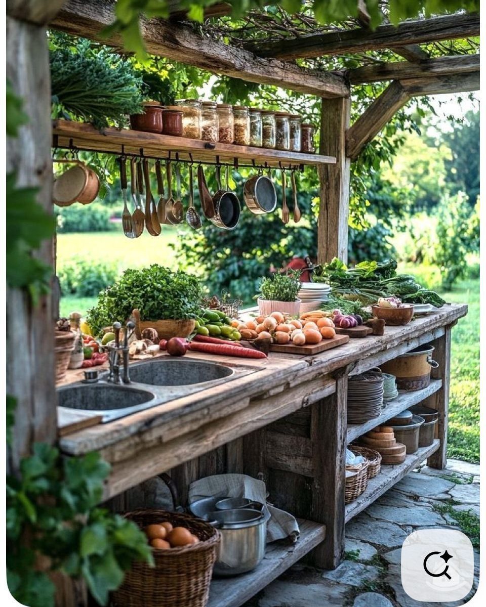 Rustic wooden outdoor kitchen with a sink, vegetables, and hanging utensils in a green garden.