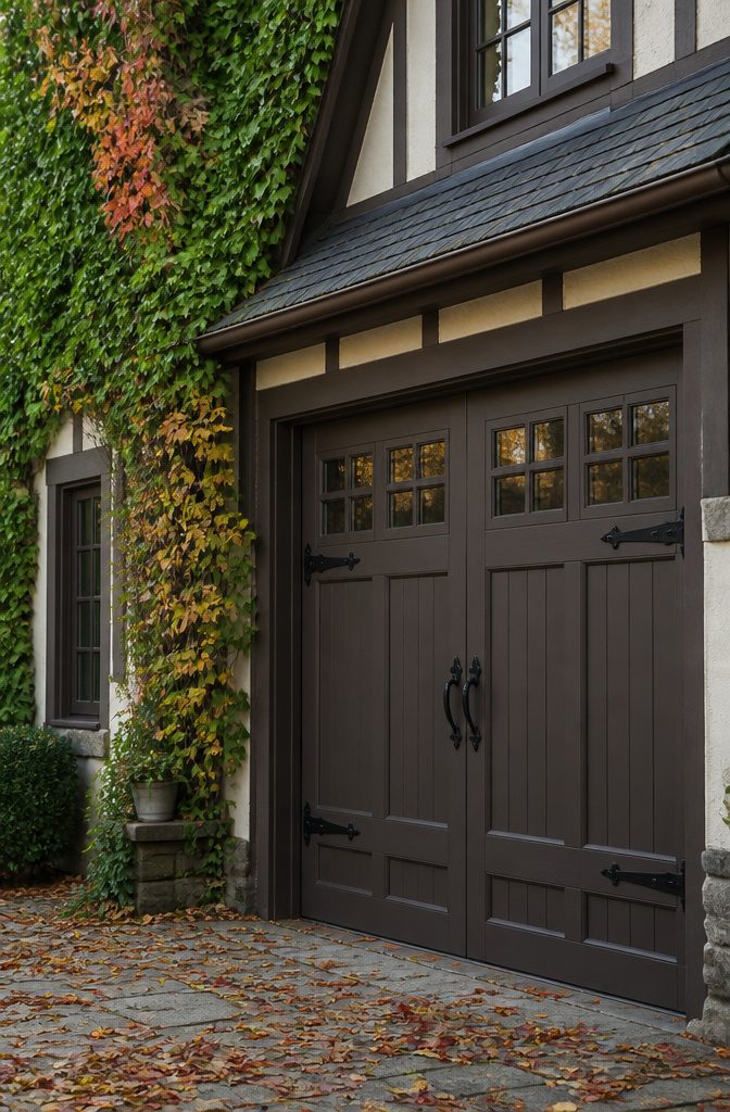 Wrought iron strap hinges and handles on a garage door.